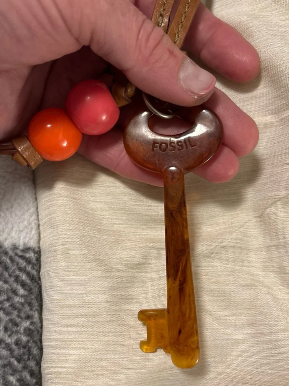 Fossil Brown Leather Bag Charm with Key and Beads